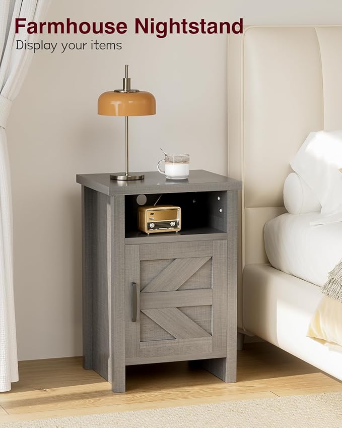YESHOMY Farmhouse Modern Nightstand with Shelf and Barn Door, Set of 1 for Bedroom, Gray