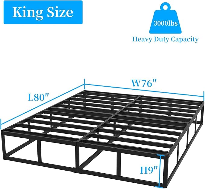 OSASET King Box Spring, 9 Inch Metal King Size Box Spring Only, Heavy Duty Metal Frame Mattress Foundation Support for 3000lbs, Easy Assembly, Noise Free, Non Slip