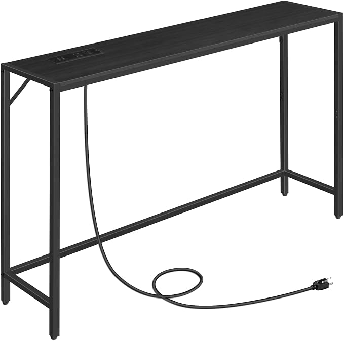 MAHANCRIS 43.7”Console Table with Outlet, Narrow Sofa Table with Charging Station, Entryway Table with Display Shelf, Behind Couch Table, Long Sofa Side Table, Living Room, Hallway, Black CTHB112E01