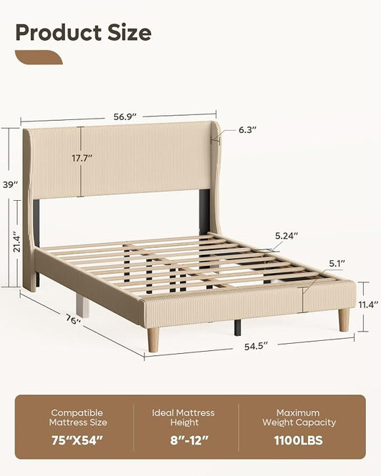 Bestier Full Bed Frame with Wingback Headboard,Upholstered,Taupe | Wooden Slats Support,Easy Assembly,Wingback Headboard,No Squeaks,Vertical Channel Corduroy Upholstered,No Box Spring Needed