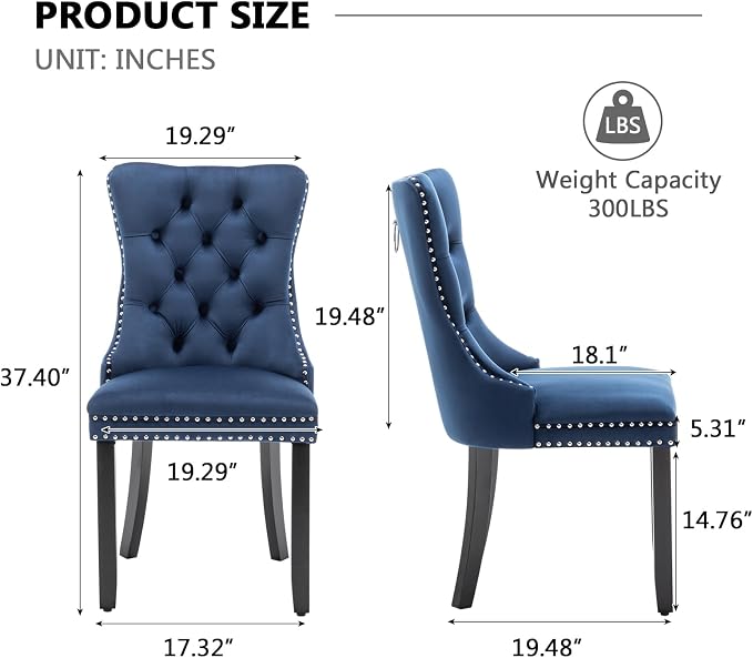 Hixkol Velvet Dining Chairs Set of 2,Upholstered Dining Chairs with Ring Pull Trim and Button Back,Modern Seating for Kitchen, Bedroom & Living Room(Blue)