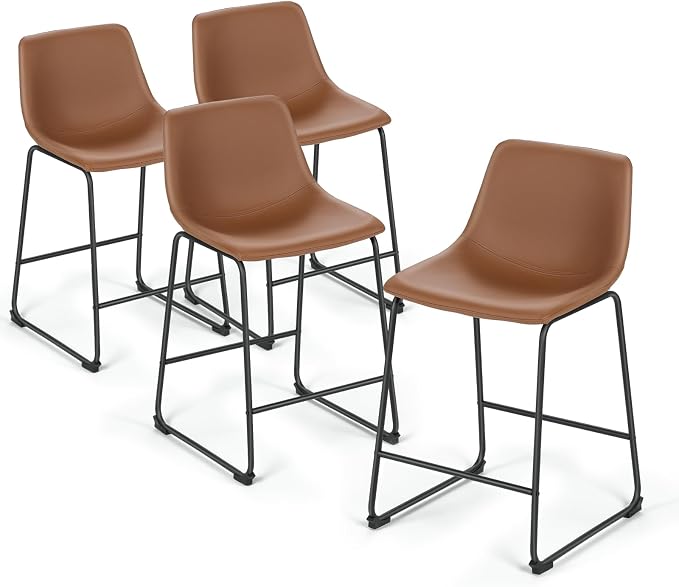 Athena Collection 23'' Counter Height Bar Stools Bar Chairs Set of 4 Modern PU Leather Bucket Chairs with Back Soft Foam Filled Metal Frame Bar Stools with Footrest for Pub, Bistro, Kitchen, Brown