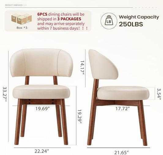 MALOL Wooden Dining Chairs Set of 6, Modern Upholstered Dining Room Chair, PU Leather Kitchen Side Chairs with Curved Open Back for Living Room/Restaurant/Cafe, Beige