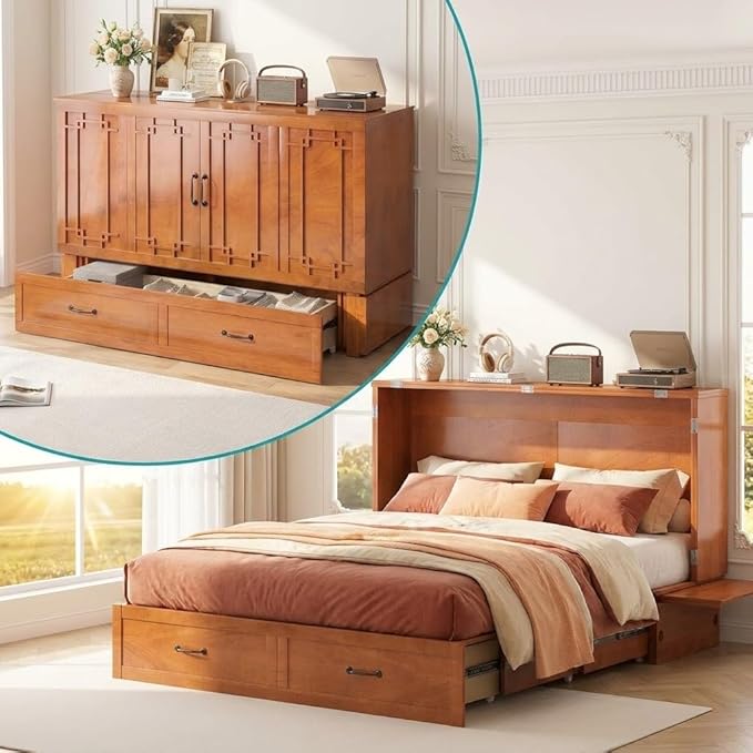 BALUS Queen Murphy Bed, Cabinet Bed with Built-in USB Ports & Storage Drawer, Space-Saving Modern Murphy Beds Cabinet Guest Beds for Office, No Mattress- Cherry