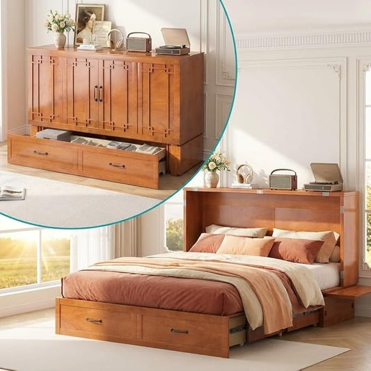 BALUS Queen Murphy Bed, Cabinet Bed with Built-in USB Ports & Storage Drawer, Space-Saving Modern Murphy Beds Cabinet Guest Beds for Office, No Mattress- Cherry