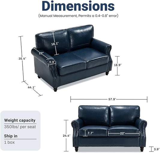 Kingfun Small Leather Loveseat, 57.9" Mid Century Modern Leather Couch for Living Room, Bedroom, Office, Love seat Sofas, Mini Sofa with Rolled Arms and Nailhead Trim, Blue