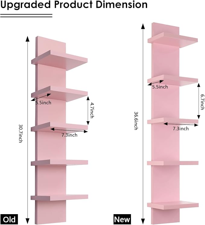 Homaterial 5 Tier Wall Shelf Unit, Decorative Wall Mount Vertical Shelving,Modern Column Floating Shelves for Bedrooms, Living Rooms 36.6" Height Pink