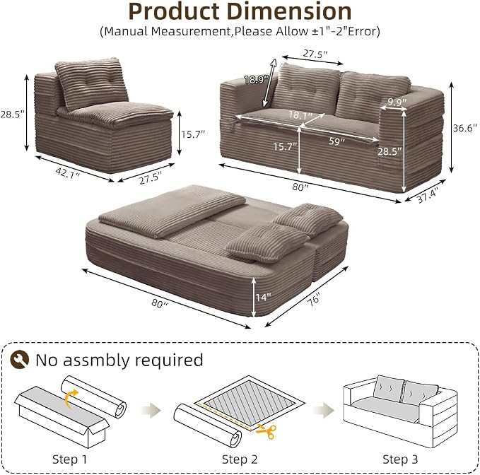 80'' Futon Sofa Bed, King Size Foldable Sleeper Sofa, Corduroy Boneless Loveseat Couch with Chaise Lounge, 3 Pillows, Blanket, Upholstered Sectional Couches for Living Room, Bedroom, Coffee