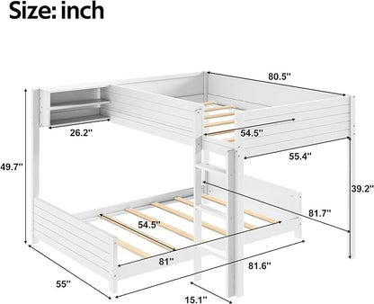 Full XL Over Full XL Bunk Bed with Built-in Storage Shelf & Ladder, Wood Bed Frame with Support Slats, Space-Saving Design, White