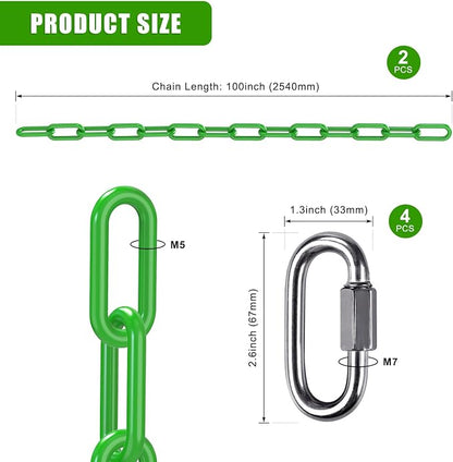 2Pcs 100" Swing Chain with Carabiners 1000 LBs Capacity Heavy Duty Coated Hanging Chains Porch Swing Chains with Hooks Green Chain for Hammock Chairs, Tree Swing, Hanging Chair, Punching Bags