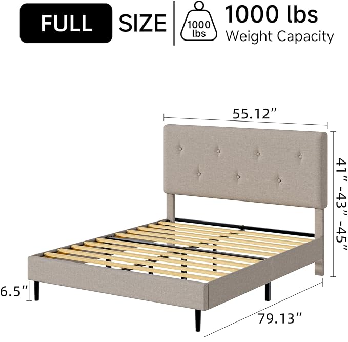 Full Size Linen Bed Frame, Upholstered Platform Bed Frame with Adjustable Headboard, Wooden Slats Support, No Box Spring Needed, Easy Assembly, Beige