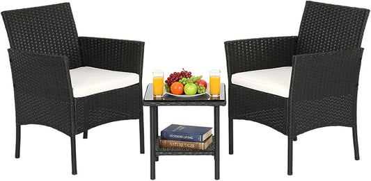 FDW Wicker Outdoor Furniture Patio Furniture Set of 3 Rattan Patio Chairs Outdoor Chairs Patio Conversation Set with Coffee Table for Yard Backyard Lawn Porch Poolside Balcony,Black