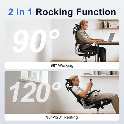marrap Ergonomic Office Chair, Mesh Desk Chair with 3D Armrests, Adjustable Lumbar Support and Headrest, 90-120° Rocking Function, Black