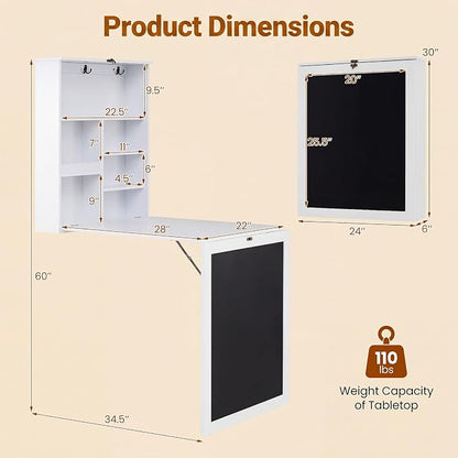 Tangkula Foldable Wall-Mounted Desk, Floating Desk with Chalkboard, Storage Shelves & Hooks, Space-Saving Murphy Table for Home Office, Bedroom, Dorm Room, Small Spaces