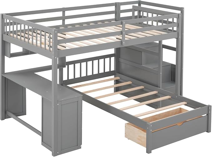 MERITLINE Full Over Twin L Shaped Bunk Bed with Stairs and Desk,Solid Wood L-Shaped Bunk Bed with Storage Drawers,Shelves,Ladder,Headboard and Guardrail,No Box Spring Needed (Grey)