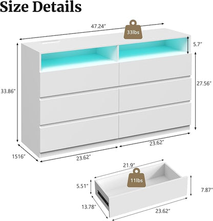 6 Drawer Dresser for Bedroom 47" Wooden White Dressers Chests of Drawers | Double Closet Storage Cabinet w/ Charging Station LED RGB Lights 2 Open Shelves Modern Dresser TV Stand for Living Room