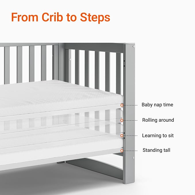 MAMAZING EvoNest Baby Crib, 11 in 1 Convertible Crib with Wheels, 100% New Zealand Wood Growing Bed, Full Size Crib for Baby, 4 Adjustable Mattress Height, Grey