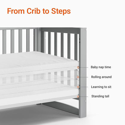 MAMAZING EvoNest Baby Crib, 11 in 1 Convertible Crib with Wheels, 100% New Zealand Wood Growing Bed, Full Size Crib for Baby, 4 Adjustable Mattress Height, Grey