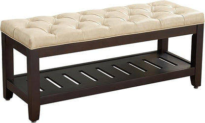 adochr PU Leather Large Rectangular Ottoman with Storage,Upholstered Entryway Bench for Living Room, Oversized Button Tufted Ottoman with Wood Shelf Storage, Ivory