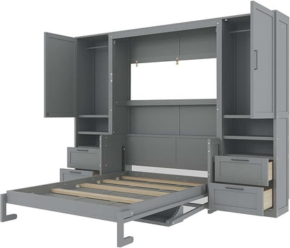 Merax Full Size Murphy Bed with Desk, Closet, Drawers and Shelves, Multifunctional Foldable Wood Platform Bed Frame for Small Spaces Studio Study Office Guest Room, Space-Saving Design, Gray