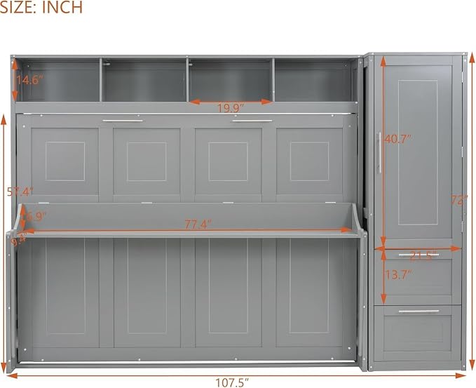 Virubi Full Horizontal Murphy Bed with Storage Wardrobe Closet,2 Drawer,4 Storage Shelves,Wood Folding Murphy Wall Bed Cabinet for Adult (Grey)