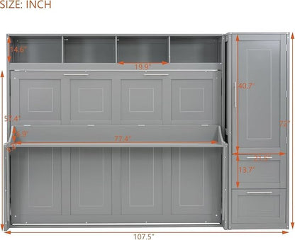 Virubi Full Horizontal Murphy Bed with Storage Wardrobe Closet,2 Drawer,4 Storage Shelves,Wood Folding Murphy Wall Bed Cabinet for Adult (Grey)