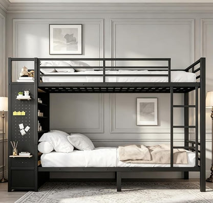 Bellemave Bunk Bed Queen Over Queen,Metal Bunk Beds with Shelf and Guardrails and Storage Drawers and Clothes Hooks for Kids, Teens & Adults（Black）