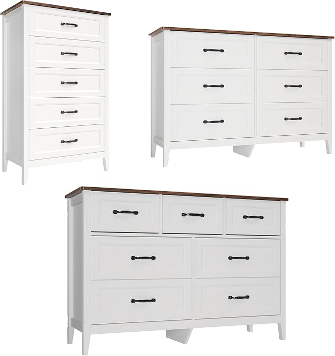 Gizoon 3 Piece Dresser Set, 5 Drawer Dresser + 6 Chest + 7 Chest of Drawer, Farmhouse Bedroom Furniture Set, with Retro Top, Black Handles, Anti-tip, Organizer for Bedroom, Living Room