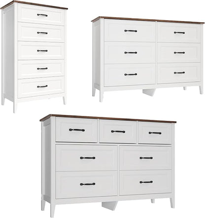 Gizoon 3 Piece Dresser Set, 5 Drawer Dresser + 6 Chest + 7 Chest of Drawer, Farmhouse Bedroom Furniture Set, with Retro Top, Black Handles, Anti-tip, Organizer for Bedroom, Living Room