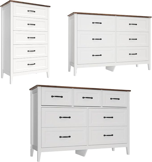 Gizoon 3 Piece Dresser Set, 5 Drawer Dresser + 6 Chest + 7 Chest of Drawer, Farmhouse Bedroom Furniture Set, with Retro Top, Black Handles, Anti-tip, Organizer for Bedroom, Living Room