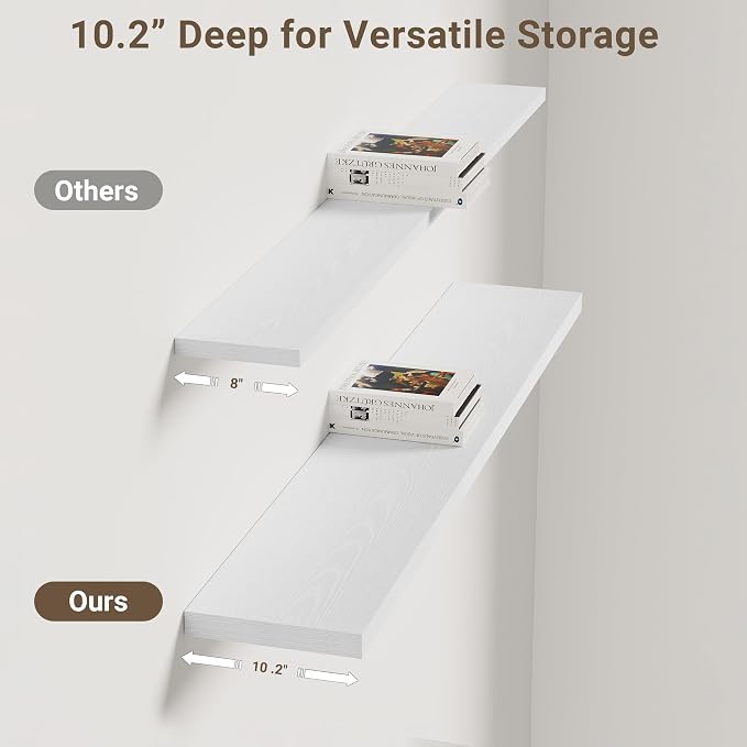 Vivelove 10 in Deep Floating Shelves for Wall, 47.2" x 10.2" x 1.5" Shelves for Room Wall Mounted, 1.5 Inch Thick Shelf for Bathroom Bedroom Kitchen Book Room, Modern Farmhouse Decor, Set of 2, White