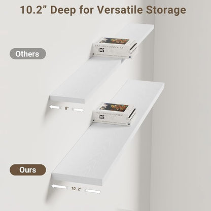 Vivelove 10 in Deep Floating Shelves for Wall, 47.2" x 10.2" x 1.5" Shelves for Room Wall Mounted, 1.5 Inch Thick Shelf for Bathroom Bedroom Kitchen Book Room, Modern Farmhouse Decor, Set of 2, White
