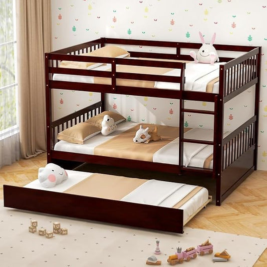 NAFORT Twin Over Twin Bunk Bed with Trundle, Solid Wood Bed Frame with Ladder & Safety Guardrails, Space Saving Bunk Bed for Kids Teens Adults Guest Room, Convertible Design, Espresso