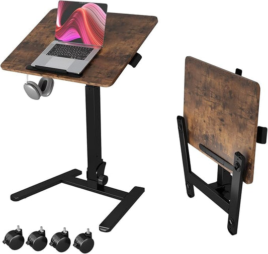 Monomi Mobile Folding Desk 25.6 Inch, Small Sit-Stand Height Adjustable Rolling Laptop Desk, Space-Saving Portable Desk with Wheels for Home Office Craft & Study, Brown