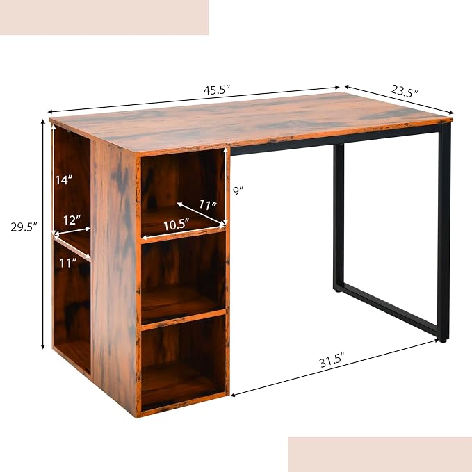Tangkula Computer Desk with Storage Shelves, Home Office Desk with 5 Side Shelves & Metal Frame, Space Saving Laptop PC Desk, Writing Study Desk, Modern Vanity Desk for Bedroom (Rustic Brown)
