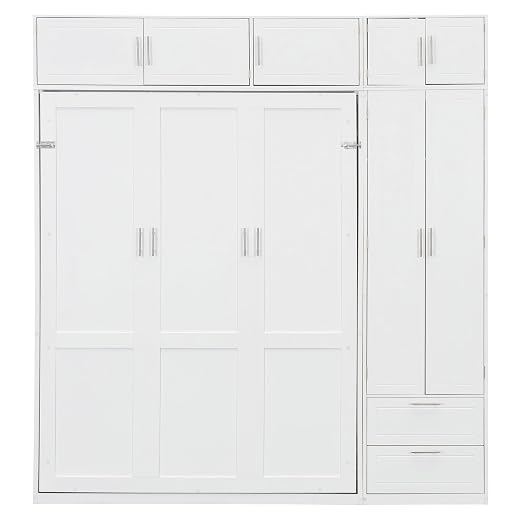 Murphy Bed Queen Size,Murphy Bed with Top Cabinet and Shelves,Space-Saving Multifunctional Hideaway Wall Foldable Bed w/Slat Support,Bedroom Folding Bedframe for Guest Room,White