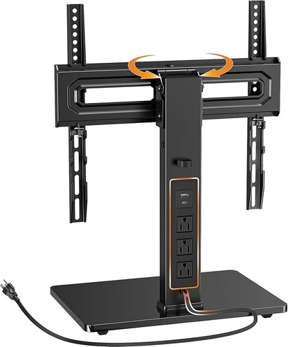 Perlegear Universal Swivel TV Stand with Power Outlet, Tabletop TV Stand for 34–65 Inch TVs up to 88 lbs, Tempered Glass TV Mount Stand Base with Height Adjustment, Tilt, Max VESA 400x400mm,PGTVS27