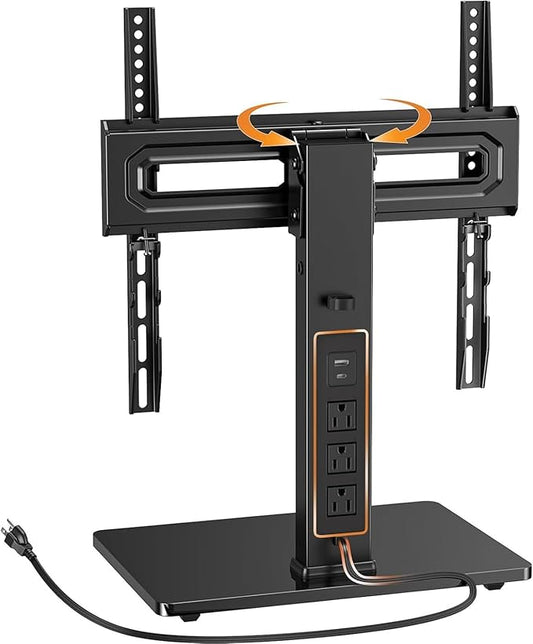 Perlegear Universal Swivel TV Stand with Power Outlet, Tabletop TV Stand for 34–65 Inch TVs up to 88 lbs, Tempered Glass TV Mount Stand Base with Height Adjustment, Tilt, Max VESA 400x400mm,PGTVS27