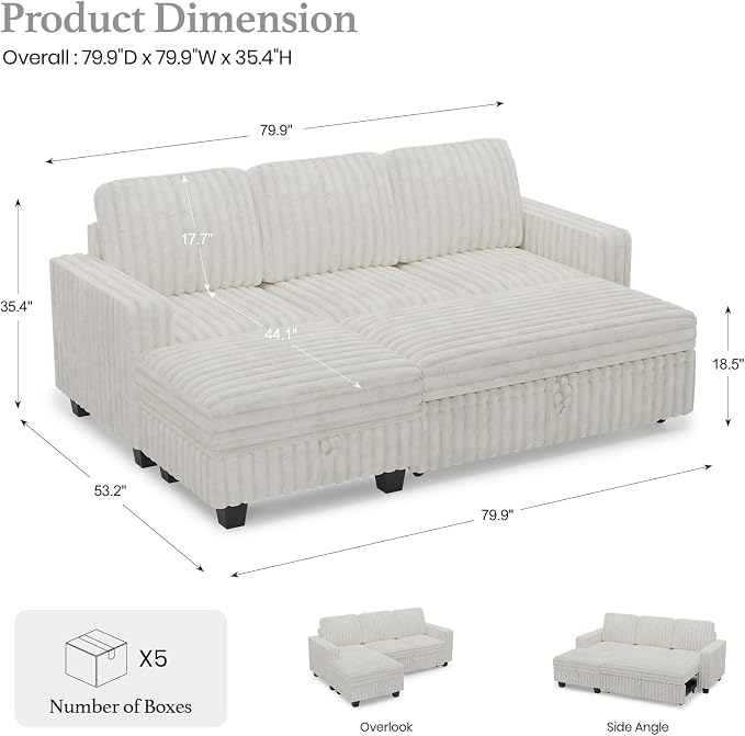 Belffin Corduroy Modular Sectional Sleeper Sofa with Pull Out Bed Small Sectional Couches with Storage for Living Room Apartment Couch. Beige Couch