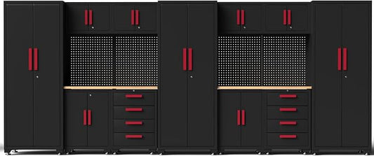 Garage Storage Cabinet System, 13Pcs Garage Cabinets and Storage System Corner Workshop Set with Corner Cabinet, Cabinet Drawers, Workbench, Pegboard for Tool Organization, Black Red