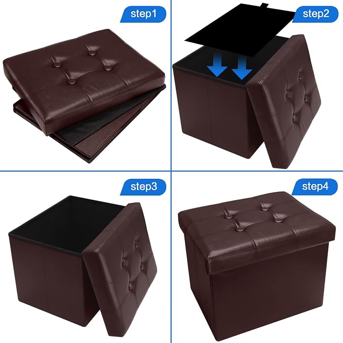 Bsketa 2PC Storage Ottoman, Folding Foot Stool with Thicker Foam Padded Seat Small Leather Storage Ottoman Bench Foot Rest for Living Room Foldable Coffee Table 17x13x13in,Brown