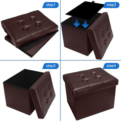 Bsketa 2PC Storage Ottoman, Folding Foot Stool with Thicker Foam Padded Seat Small Leather Storage Ottoman Bench Foot Rest for Living Room Foldable Coffee Table 17x13x13in,Brown