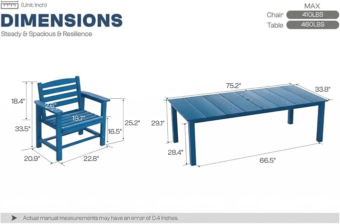 Perli™ 7-Piece Outdoor Dining Set, All-Weather HDPE Patio Furniture with 6 Ergonomic Chairs & Large Table, Built-in Umbrella Hole, UV-Resistant Set for Backyard, Deck, Poolside, Blue