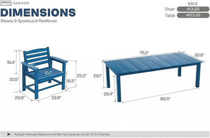 Perli™ 7-Piece Outdoor Dining Set, All-Weather HDPE Patio Furniture with 6 Ergonomic Chairs & Large Table, Built-in Umbrella Hole, UV-Resistant Set for Backyard, Deck, Poolside, Blue