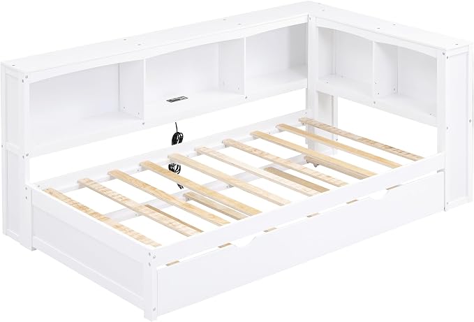Bellemave Twin Corner Bed Frame with Trundle and USB Ports, Wood Twin Daybed with L-Shaped Bookcase，Daybed with Storage Cabinets, White