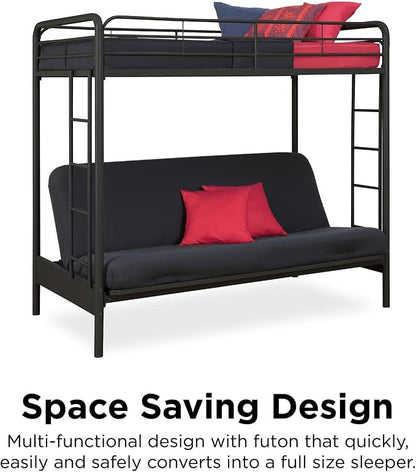 DHP Twin-Over-Futon Convertible Couch and Bed with Metal Frame, Ladder and Guardrails - Black