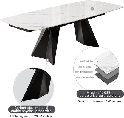 Honyee Extendable Dining Table with Leaf, 65 to 95 Inch Rectangular Sintered Stone, Modern Large Dining Room Table Seats 6 8 10 12, Metal Base, Marble Look for Family Gatherings