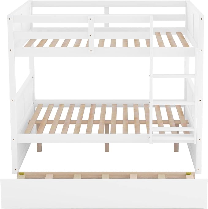 Merax Trundle Bunk Bed, Full Over Full Wood Bunk Bed with Twin Size Trundle, Guardrail and Ladder, Can be Separated into 2 Beds, White
