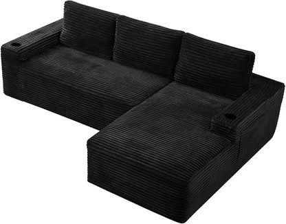 104" L Shaped Boneless Sectional Couches for Living Room, Comfy Corduroy Floor Cloud Sofa with Chaise and Cup Holder, Wide Armrest, Deep Seat, Assembly Free, Ideal for Small Spaces, Black