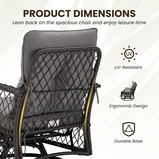 3-Piece Patio Furniture Set, Wicker Outdoor Bistro Set Swivel Glider Patio Chairs x 2 with Cushions, High Back All-Weather Rattan Outdoor Furniture for Porch, Backyard (Grey + Wicker)